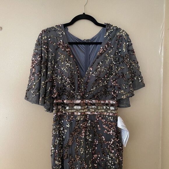 NWT Mac Duggal Charcoal Embellished Flutter Sequin Gown Dress Sz 8 $695 #5439 - Picture 8 of 12